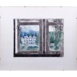 Blick durch ein Fenster aufs Ahrensburger Schloss Unbekannter Künstler, 1974, bet. "Alter Leute