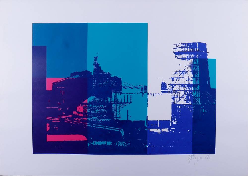 Industriedarstellung in Blau und Pink, 1976 Unbekannter Künstler, Mehrfarbsiebdruck auf Papier, Ex.