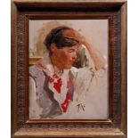 Friedrich Kallmorgen (1856 in Altona - 1924 in Grötzingen) Porträt(studie) einer Frau, Öl auf
