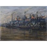 Industriehafen mit Lastkähnen, 1928 Unbekannter Künstler, Öl auf Leinwand, u.r. sign. "Arden",