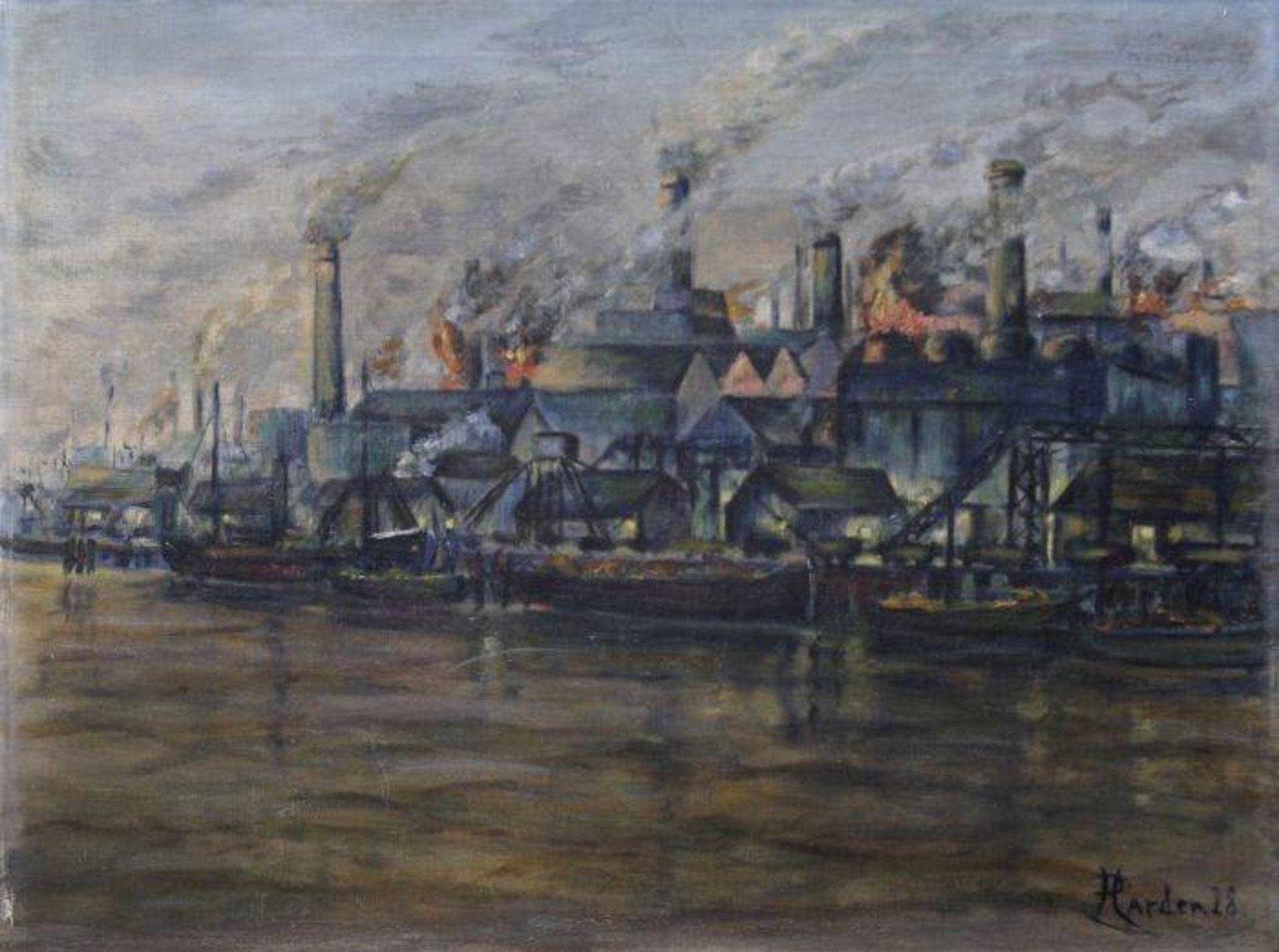 Industriehafen mit Lastkähnen, 1928 Unbekannter Künstler, Öl auf Leinwand, u.r. sign. "Arden",