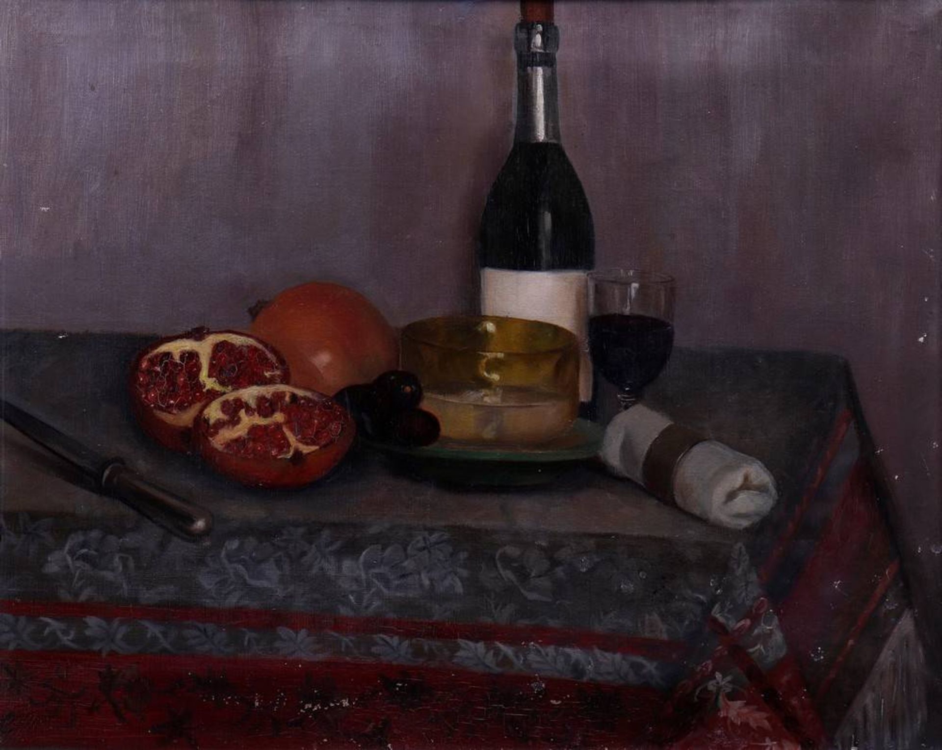 Stillleben mit Weinflasche und Früchten Anonym, 1.H.20.Jhdt., Öl auf Leinwand, unsigniert, ca. - Image 2 of 4