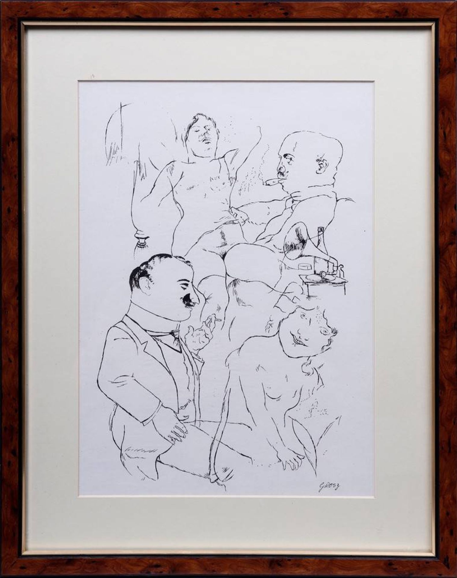 George Grosz (1893 in Berlin - 1959 ebenda) Mehrfigurige erotische Szene mit Grammophon,