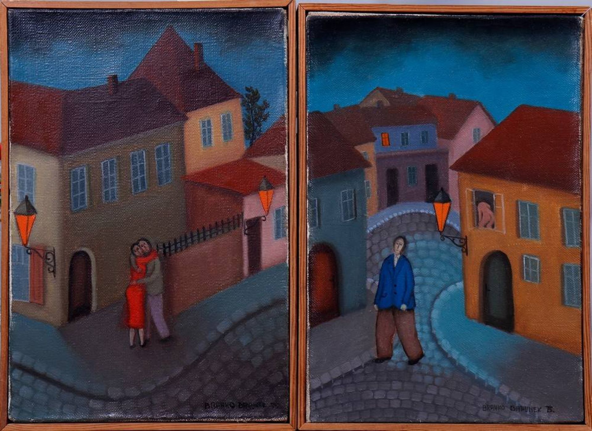 Branko Bahunek (1935 in Zagreb geb.) Paar Gemälde, Häuserzeilen mit Personen, 1975, Öl auf