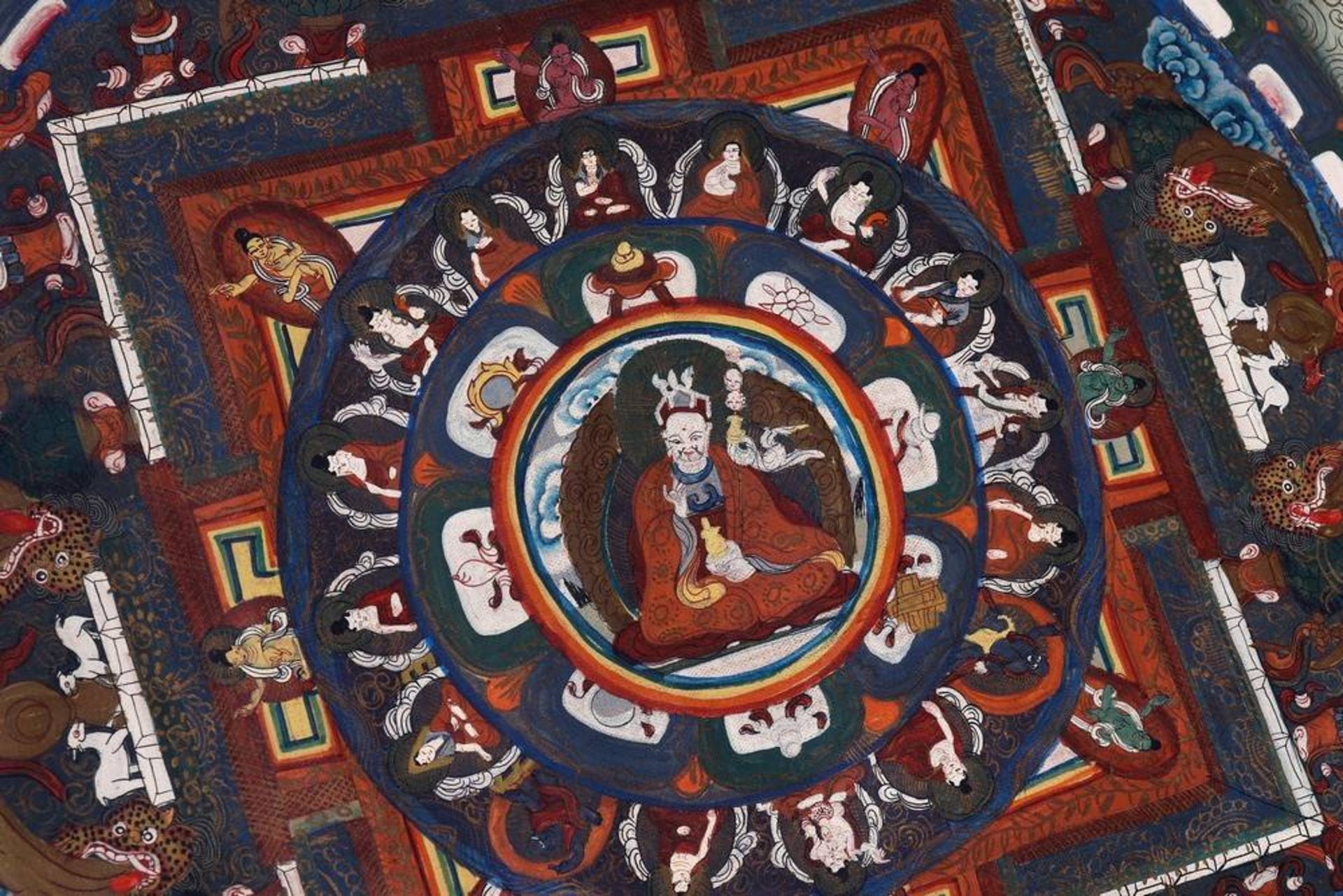 Mandala-Thangka, wohl Nepal/Tibet, 1. H. 20.Jh. im Zentrum Darstellung des Padamsambhava, Tempera/ - Bild 2 aus 7