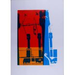 Industriedarstellung in Blau, Rot und Orange, 1976 Unbekannter Künstler, Mehrfarbsiebdruck auf