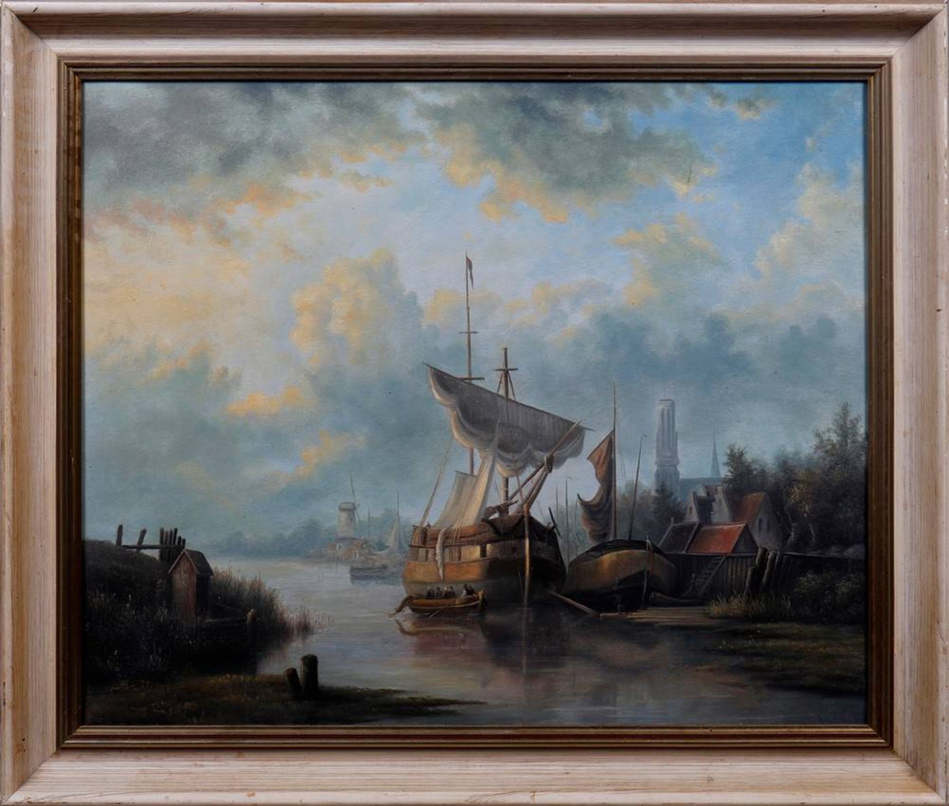 Abgetakeltes Segelschiff in holländischer Landschaft