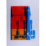 Industriedarstellung in Blau, Rot und Orange, 1976