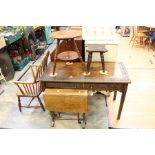 19th Century carved hall writing table along with two stools, Victorian small drop leaf table and