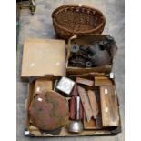 A collection of various items to include Russian record brushes, treen, torches, box of metal