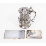 Two silver cigarette cases and a E.P.B.M 1878 Bullbay Regatta tankard (3)