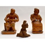 Pair of clay 19th Century cobbler and wife with another early 19th Century clay figure