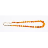 An amber bead necklace, graduated oval beads and yellow metal expander links, the largest bead