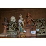A collection of Chinese figures, bronze and a Malaysian figure