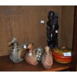 Three wooden and copper ducks, hand painted bowl and hard wood figure holding wheat