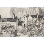 An etching of York Minster from City Walls by M. Rudge signed l.r. along with a framed and glazed