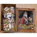 A framed and glazed woodwork needlepoint of a woman and boy.  A collection of 8 Staffordshire