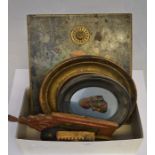 Miniature religious and other miniature plaques and two 19th Century metal painted wall hangings