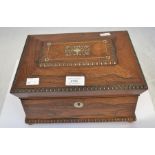 Mid 19th Century rose mahogany sewing box with lift out shelf and mustard interior, handle each side
