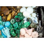 ***AWAY JMS **Two boxes of semi-precious stones, including amethyst, malachite, hematite, tigers