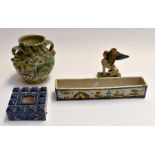 A collection of 19th Century items to include; Italian pottery vase, dish, inkwell and candle holder