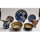 A collection of three Japanese 19th Century plates, two are blue and white, Meiji period, together