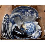 A collection of blue and white graduated meat plates etc, Willow, Booths, Woods etc, misc ceramics