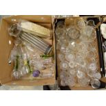 Three boxes containing suites of cut glass, drinking vessels, hock glasses, vases, jugs, champagne