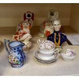 Staffordshire spaniels x 4; a figure of Lincoln, two jugs and cups and saucers (Q)