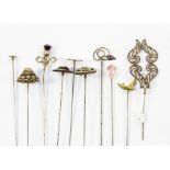 Hat Pins- A collection of ten hat pins to include a Charles Horner silver and purple paste thistle