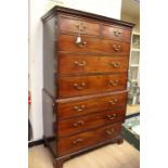 A George III mahogany chest on chest, circa 1800, moulded cornice, above two short and six graduated