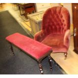 A mid 19th Century red window seat; a 19th Century button back chair and a Georgian oak corner