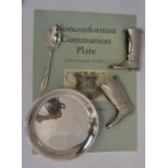 A pair of silver plated riding boots and angora nursery bowl and spoon