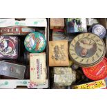 Two boxes of tins, tobacco, tea, sweets including late 19th Century, but mostly 20th Century (Q)