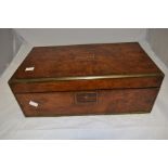 A writing box, burr wood, with inlays of rosewood and mahogany, width approx. 45cm.