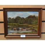Oil painting by G Willis-Pryce of Cattle in a stream. Framed. Image size 24cm x 19cm. Overal size in