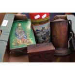 A George V Macfarlane Lane biscuit tin in the shape of a tankard A/F, painted Chinese tea tins and a