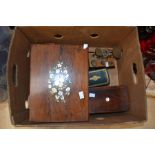 19th Century inlaid sewing box, tea caddy and other small jewellery boxes along with a set of