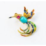 A continental circa 1950's 18ct gold humming bird brooch, the body set with an oval turquoise and