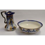 A Losol Ware Art Nouveau jug and bowl set in blue and white with gilt highlights, jug measuring 31cm