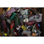 Assorted playworn diecast vehicles including Matchbox, Dinky, plus various lead soldiers (1 box)