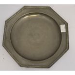 A 17th Century English pewter plate, octagonal shaped with beaded rim, stamped on reverse base