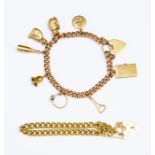 Two 9ct gold padlock bracelets, including one with various charms, including a koala, cat, Moet