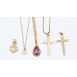 Two 9ct gold crucifix, combined weight approx. 6.3gms along with an amethyst pear shaped pendant
