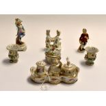 Dresden: A painted three piece condiment set with carry tray, a pair of vases, potpourri pot and