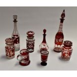 French and continental early 19th Century enamelled glass decanters, pickle jars, tankard and wine