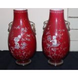 A pair of 19th cent glass cameo vases in the style of Thomas Webb