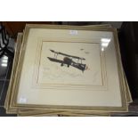 A collection of World War I themed 'Royal Aircraft Factory' prints of fighter planes, coloured and