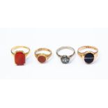 An 18ct gold and carnelian ring, size M1/2, total gross weight approx. 7.3gms, a 9ct gold banded