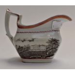 An early 19th Century jug, with transfers of Queen Caroline, and Claremont, bearing a motto of God